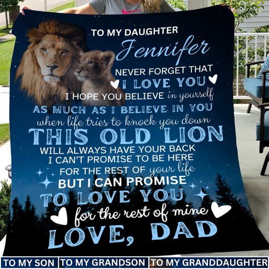 Gift For Daughter Son Granddaughter Grandson This Old Lion Has Your Back Love Mom Dad Grandma Grandpa Personalized Name Fleece Snuggle Blanket