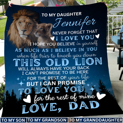 Gift For Daughter Son Granddaughter Grandson This Old Lion Has Your Back Love Mom Dad Grandma Grandpa Personalized Name Fleece Snuggle Blanket